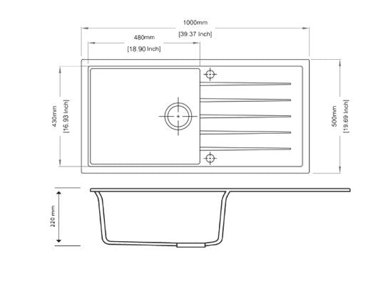 1000 x 500 x 220mm Carysil Single Bowl With Drainer Board Granite Kitchen Sink Top/Flush/Undermount