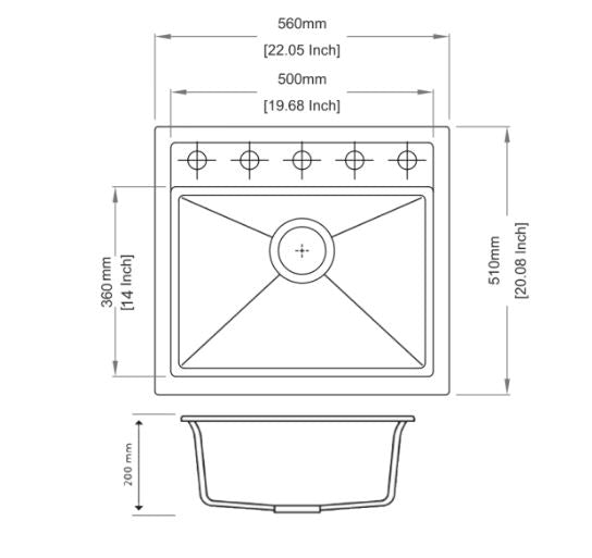 560 x 510 x 200mm Carysil Single Bowl Granite Top/Flush/Under Mount Kitchen/Laundry Sink