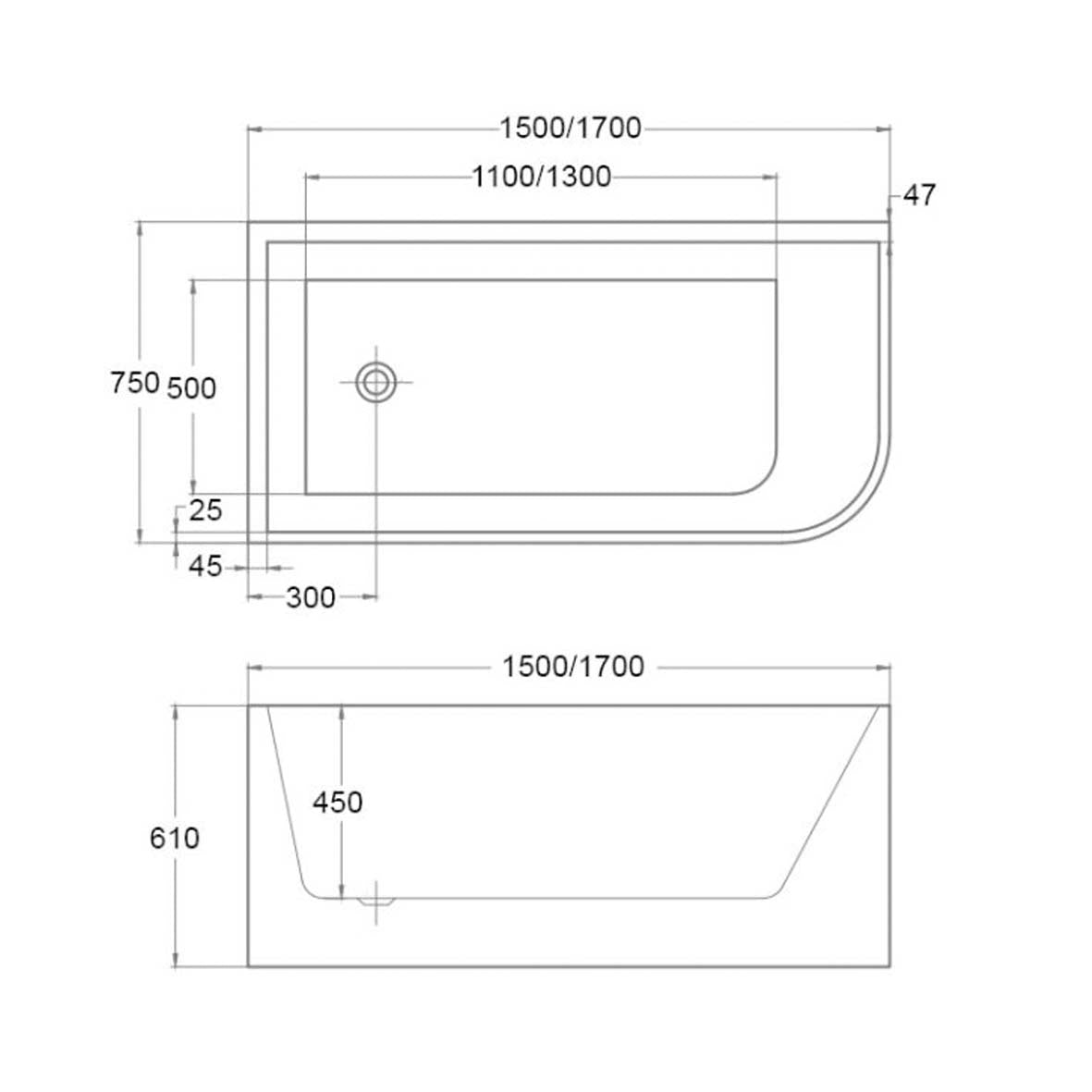 Ellie Corner bath tub Left/Right 1500/1700mm