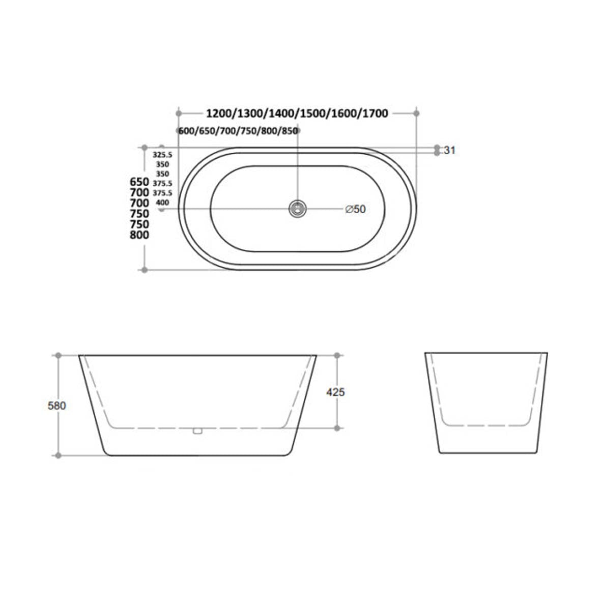 Shanty oval bathtub 1200/1300/1400/1500/1600/1700mm