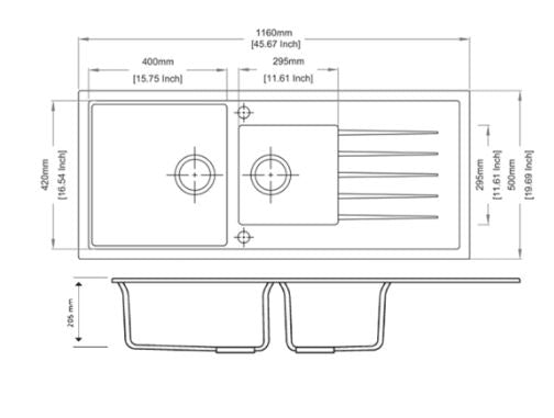 1160 x 500 x 205mm Carysil 1 and A Half Bowl With Drainer Board Granite Kitchen Sink Top/Flush/Undermount