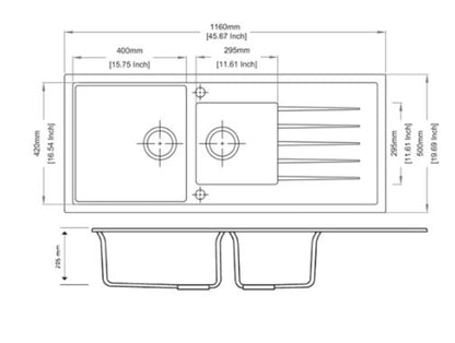 1160 x 500 x 205mm Carysil 1 and A Half Bowl With Drainer Board Granite Kitchen Sink Top/Flush/Undermount