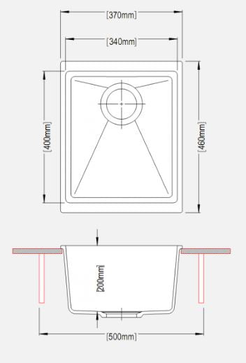 370 x 460 x 200mm Carysil Single Bowl Granite Kitchen/Laundry Sink Top/Flush/Undermount