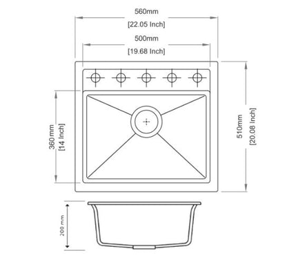 560 x 510 x 200mm Carysil Single Bowl Granite Top/Flush/Under Mount Kitchen/Laundry Sink