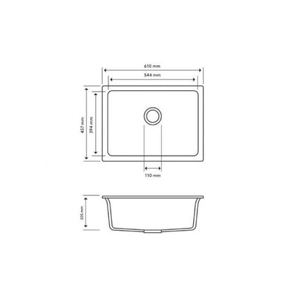 610 x 457 x 205mm Carysil Single Big Bowl Granite Kitchen/Laundry Sink Top/Flush/Undermount