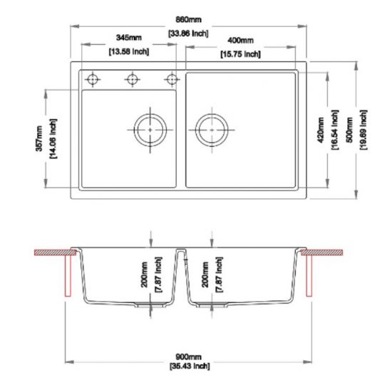 860 x 500 x 205mm Carysil Double Bowl Granite Kitchen Sink Top/Flush/Under Mount