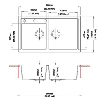 860 x 500 x 205mm Carysil Double Bowl Granite Kitchen Sink Top/Flush/Under Mount