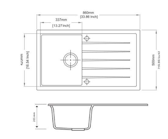 860 x 500 x 205mm Carysil Single Bowl With Drainer Board Granite Kitchen Sink Top/Flush/Undermount