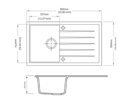 860 x 500 x 205mm Carysil Single Bowl With Drainer Board Granite Kitchen Sink Top/Flush/Undermount