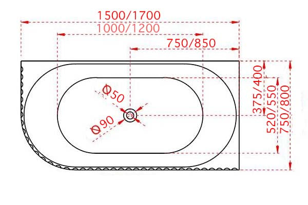 Roma fluted Corner bathtub 1500/1700 Gloss white and Matte white Left/Right