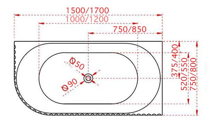Roma fluted Corner bathtub 1500/1700 Gloss white and Matte white Left/Right